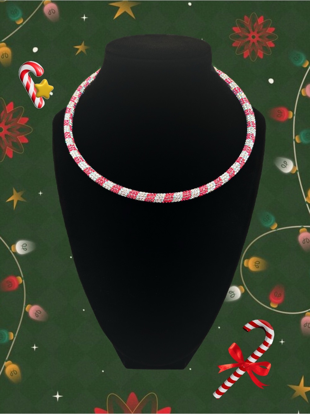 Sparkly Red and Clear Crystal Choker Necklace, Festive Candy Cane Striped